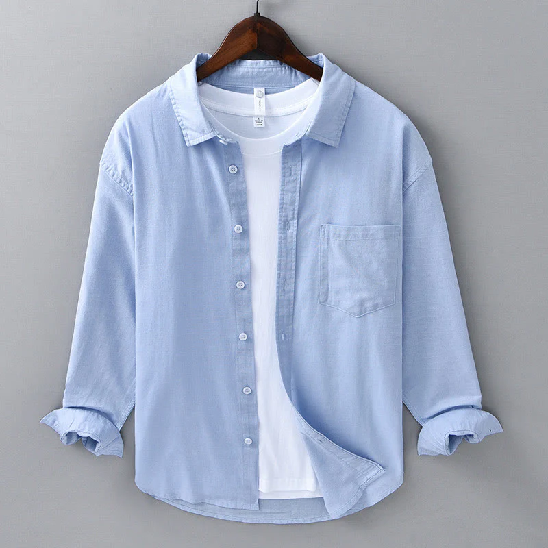 Camicia da uomo in cotone confortevole a maniche lunghe con colletto rovesciato e tasca, colore puro , Buddha Stones - Image 17