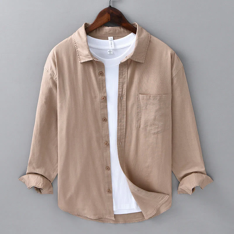 Camicia da uomo in cotone confortevole a maniche lunghe con colletto rovesciato e tasca, colore puro , Buddha Stones - Image 21