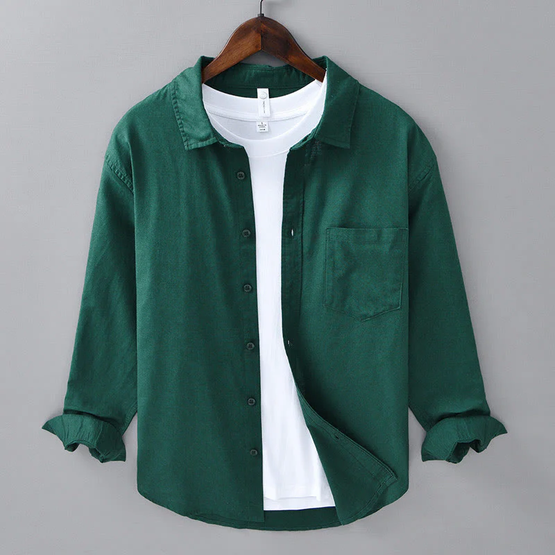 Camicia da uomo in cotone confortevole a maniche lunghe con colletto rovesciato e tasca, colore puro , Buddha Stones - Image 25