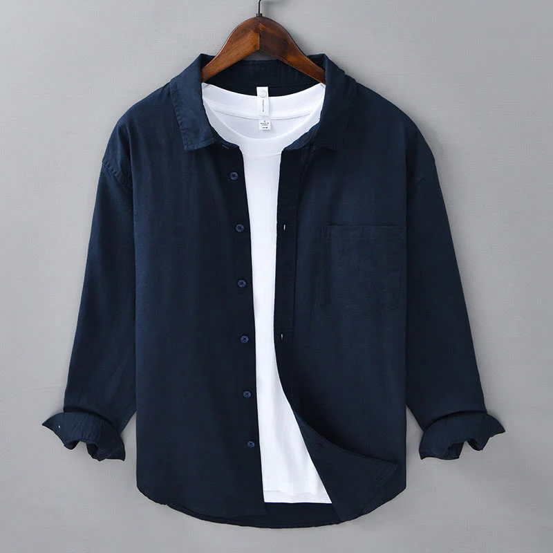 Camicia da uomo in cotone confortevole a maniche lunghe con colletto rovesciato e tasca, colore puro , Buddha Stones - Image 37
