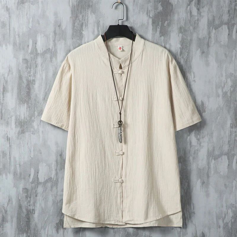 Camicia da uomo in cotone e lino a maniche corte, casual, semplice, con bottoni cinesi a forma di rana, modello Buddha Stones