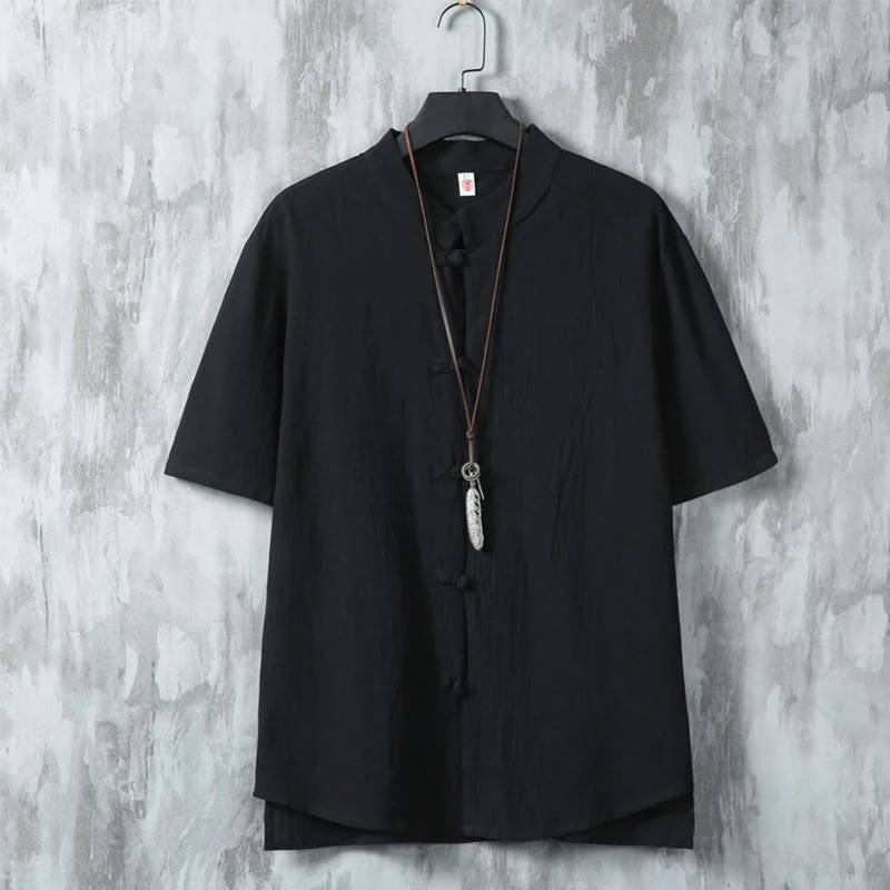 Camicia da uomo in cotone e lino a maniche corte, casual, semplice, con bottoni cinesi a forma di rana, modello Buddha Stones - Image 11
