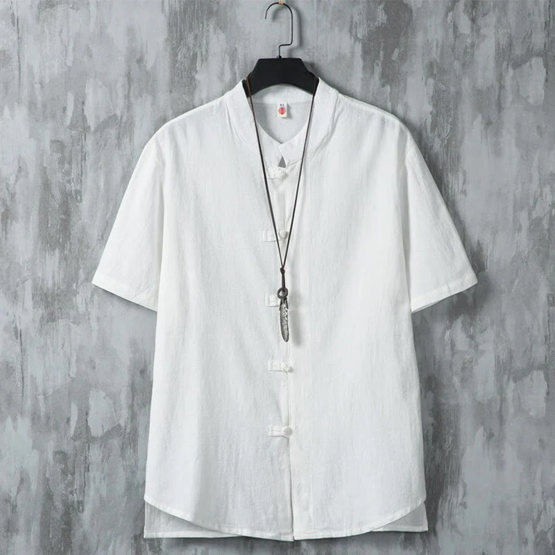 Camicia da uomo in cotone e lino a maniche corte, casual, semplice, con bottoni cinesi a forma di rana, modello Buddha Stones - Image 2