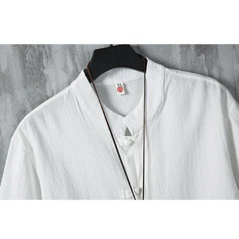 Camicia da uomo in cotone e lino a maniche corte, casual, semplice, con bottoni cinesi a forma di rana, modello Buddha Stones - Image 6
