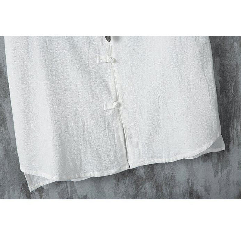 Camicia da uomo in cotone e lino a maniche corte, casual, semplice, con bottoni cinesi a forma di rana, modello Buddha Stones - Image 9