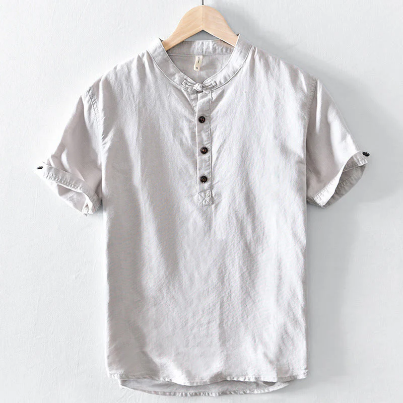Camicia da uomo in cotone e lino a maniche corte con colletto alto, tinta unita, motivo Buddha Stones, con bottoni a metà