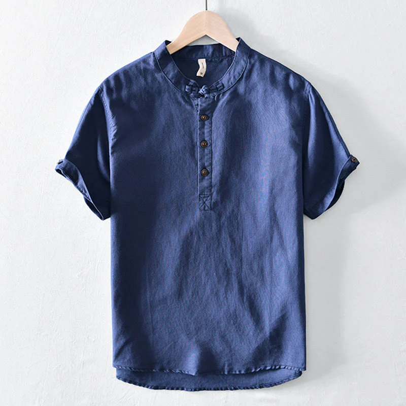 Camicia da uomo in cotone e lino a maniche corte con colletto alto, tinta unita, motivo Buddha Stones, con bottoni a metà - Image 11