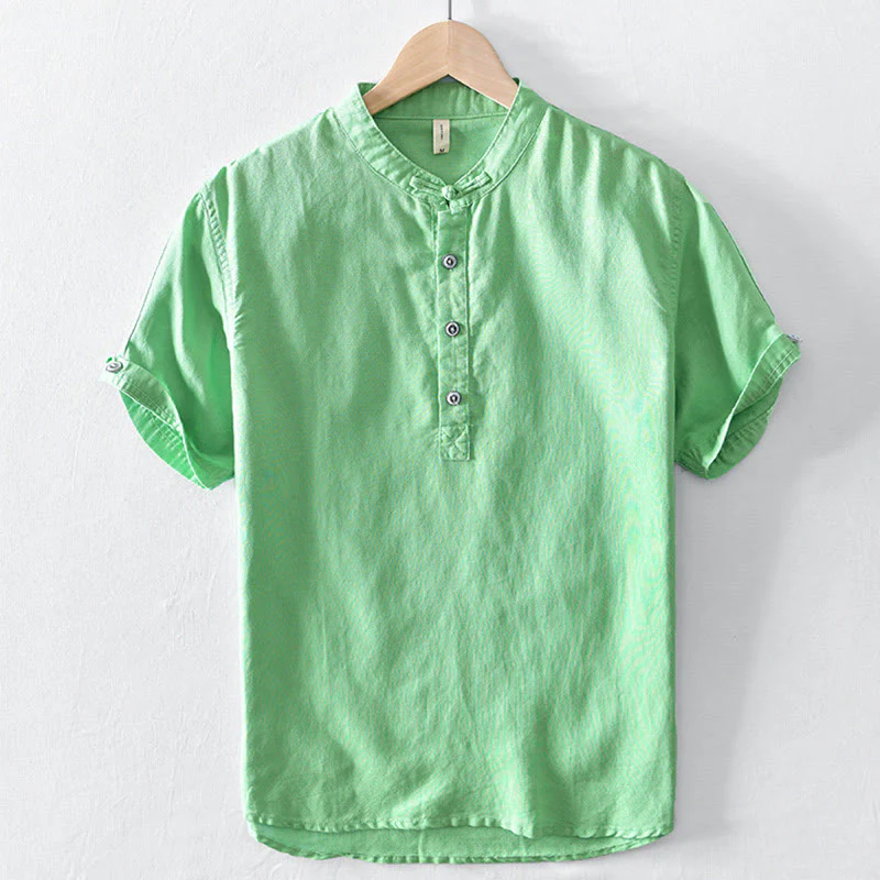 Camicia da uomo in cotone e lino a maniche corte con colletto alto, tinta unita, motivo Buddha Stones, con bottoni a metà - Image 14