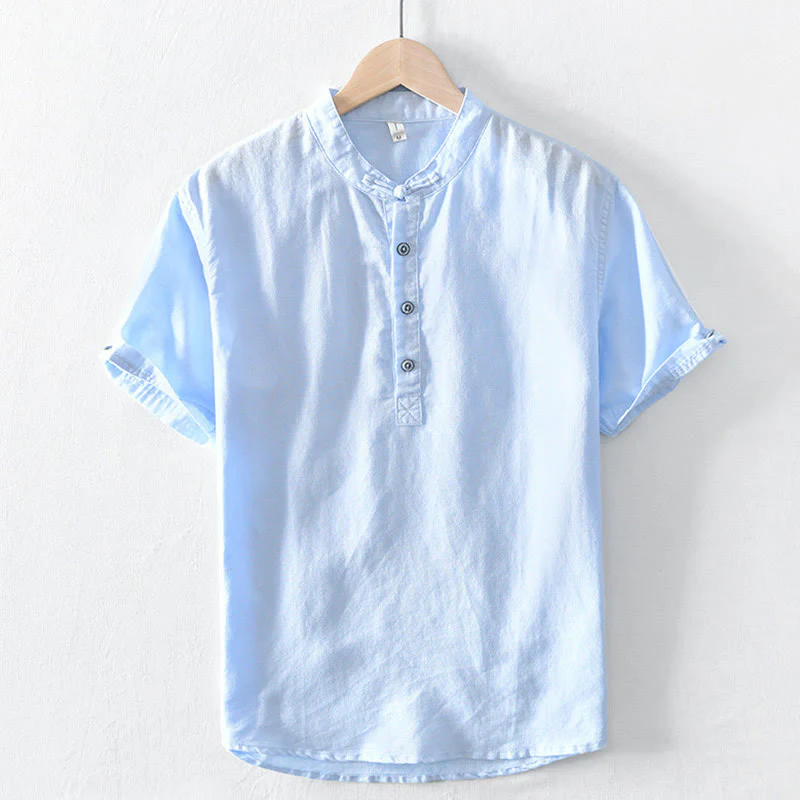 Camicia da uomo in cotone e lino a maniche corte con colletto alto, tinta unita, motivo Buddha Stones, con bottoni a metà - Image 19