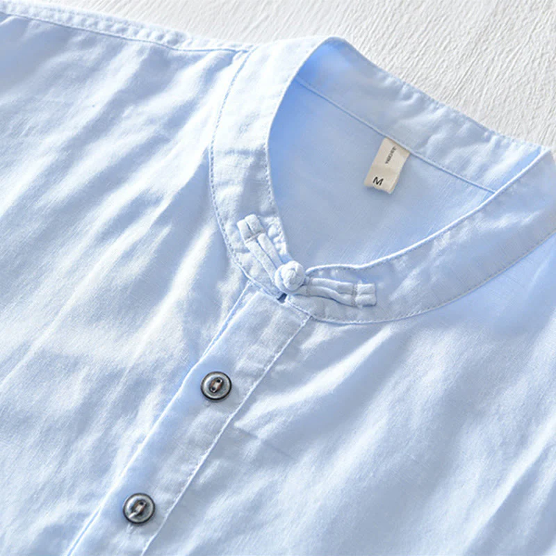 Camicia da uomo in cotone e lino a maniche corte con colletto alto, tinta unita, motivo Buddha Stones, con bottoni a metà - Image 20