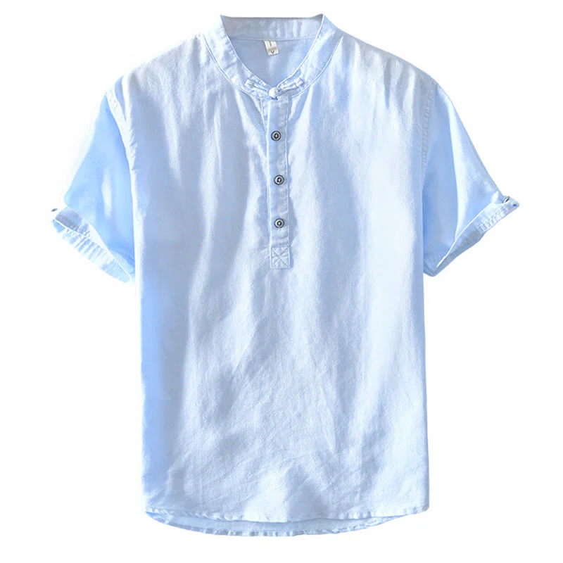 Camicia da uomo in cotone e lino a maniche corte con colletto alto, tinta unita, motivo Buddha Stones, con bottoni a metà - Image 23