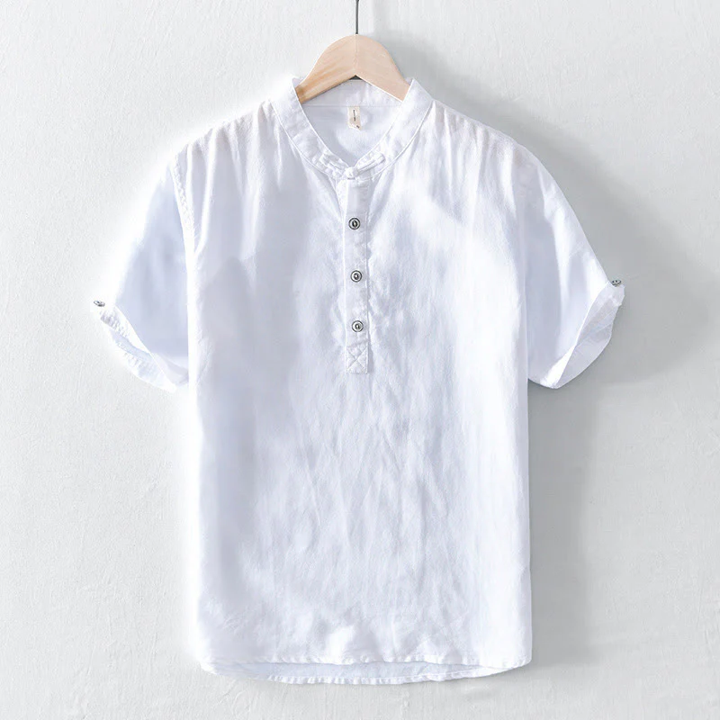 Camicia da uomo in cotone e lino a maniche corte con colletto alto, tinta unita, motivo Buddha Stones, con bottoni a metà - Image 6