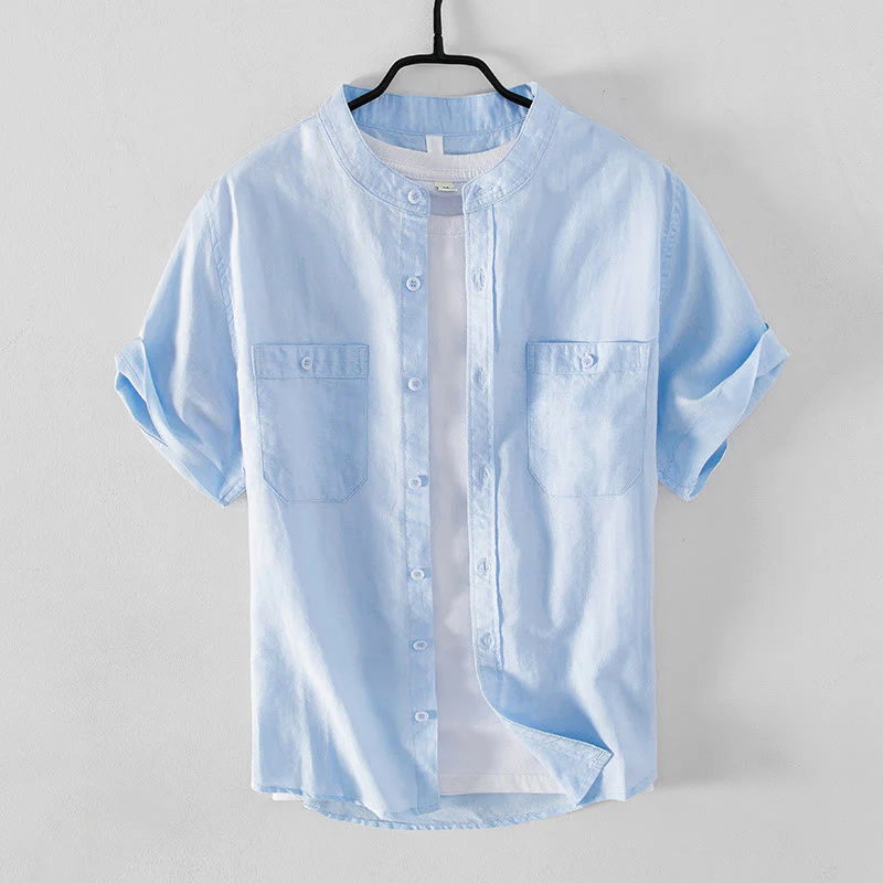 Camicia da uomo in cotone e lino a maniche corte con colletto alto, modello Buddha Stones, casual, semplice, con bottoni e tasche anteriori