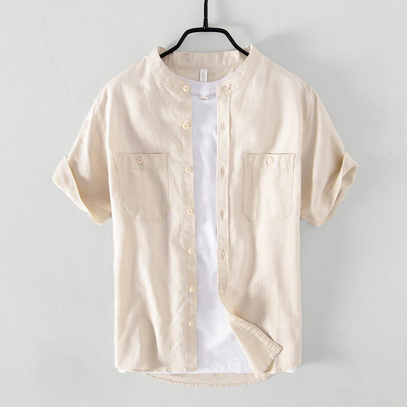 Camicia da uomo in cotone e lino a maniche corte con colletto alto, modello Buddha Stones, casual, semplice, con bottoni e tasche anteriori - Image 10