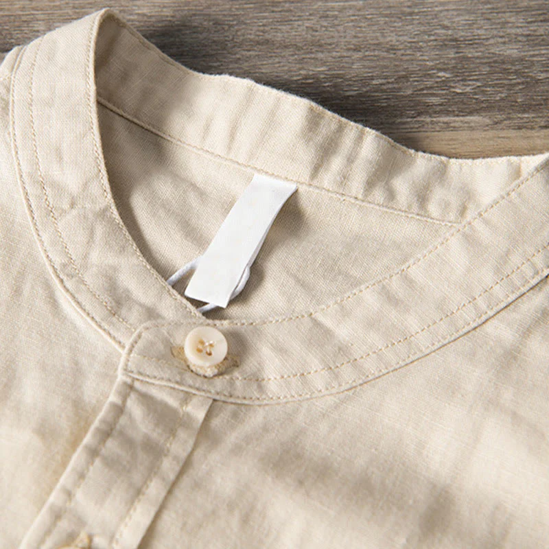 Camicia da uomo in cotone e lino a maniche corte con colletto alto, modello Buddha Stones, casual, semplice, con bottoni e tasche anteriori - Image 11