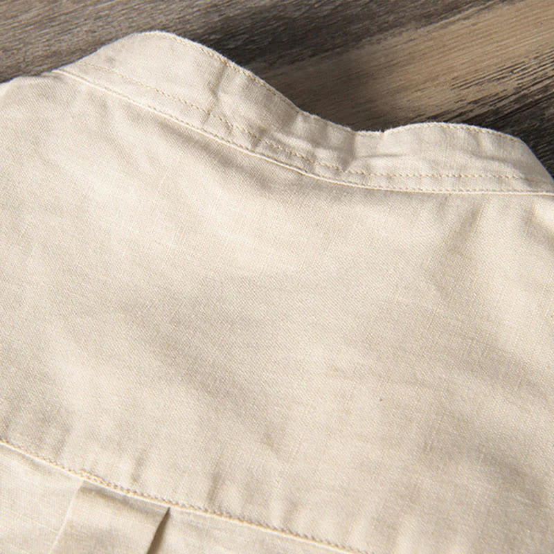 Camicia da uomo in cotone e lino a maniche corte con colletto alto, modello Buddha Stones, casual, semplice, con bottoni e tasche anteriori - Image 12