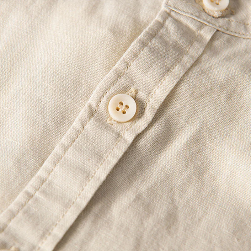 Camicia da uomo in cotone e lino a maniche corte con colletto alto, modello Buddha Stones, casual, semplice, con bottoni e tasche anteriori - Image 13