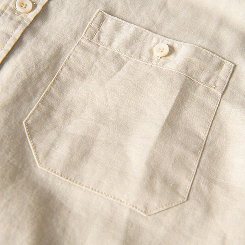 Camicia da uomo in cotone e lino a maniche corte con colletto alto, modello Buddha Stones, casual, semplice, con bottoni e tasche anteriori - Image 14