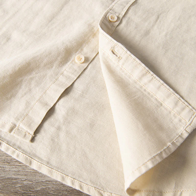 Camicia da uomo in cotone e lino a maniche corte con colletto alto, modello Buddha Stones, casual, semplice, con bottoni e tasche anteriori - Image 17