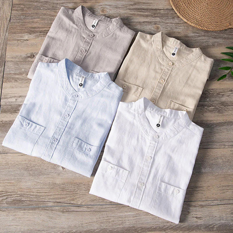 Camicia da uomo in cotone e lino a maniche corte con colletto alto, modello Buddha Stones, casual, semplice, con bottoni e tasche anteriori - Image 18