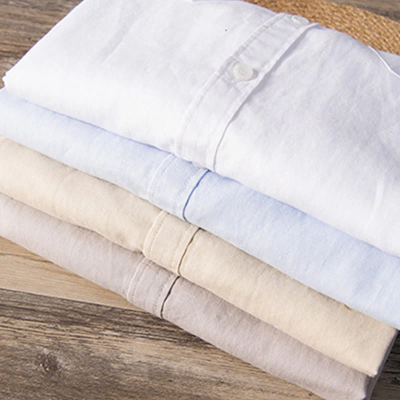 Camicia da uomo in cotone e lino a maniche corte con colletto alto, modello Buddha Stones, casual, semplice, con bottoni e tasche anteriori - Image 19