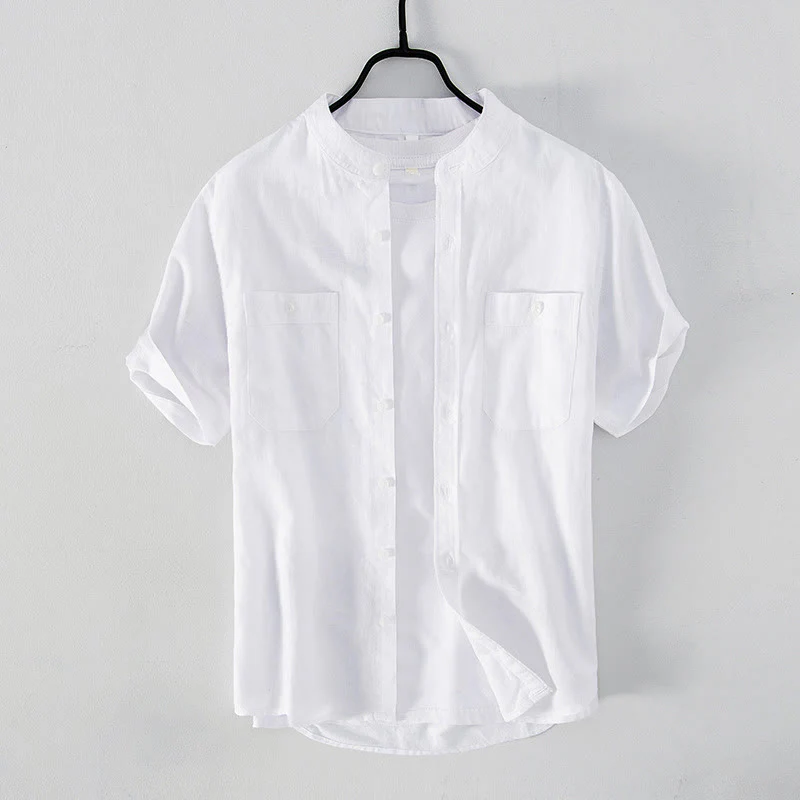 Camicia da uomo in cotone e lino a maniche corte con colletto alto, modello Buddha Stones, casual, semplice, con bottoni e tasche anteriori - Image 2