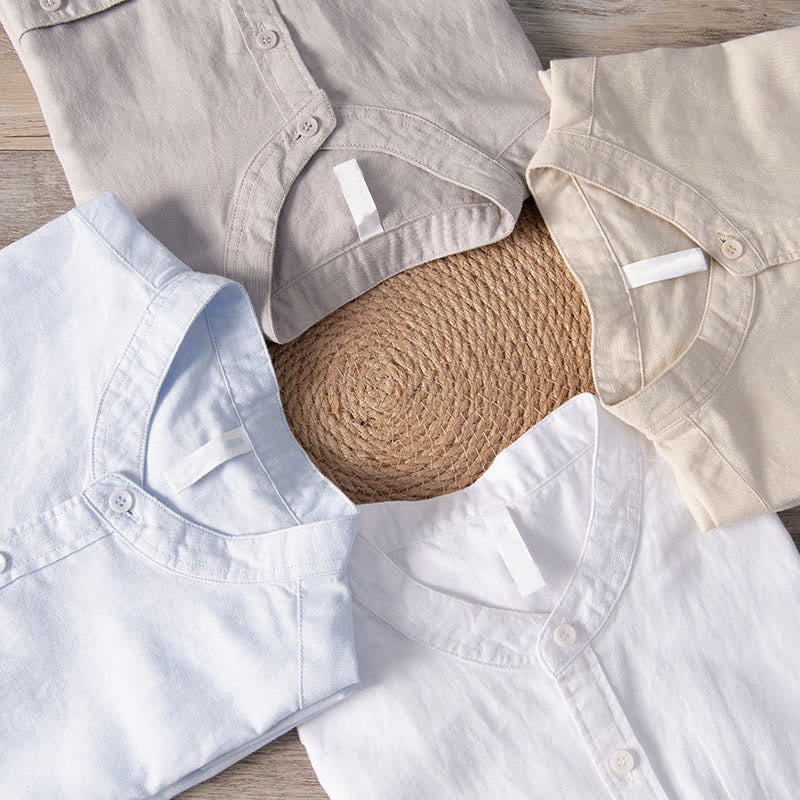 Camicia da uomo in cotone e lino a maniche corte con colletto alto, modello Buddha Stones, casual, semplice, con bottoni e tasche anteriori - Image 20