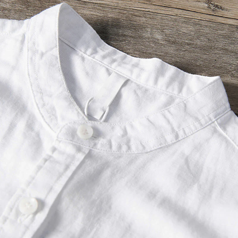 Camicia da uomo in cotone e lino a maniche corte con colletto alto, modello Buddha Stones, casual, semplice, con bottoni e tasche anteriori - Image 4
