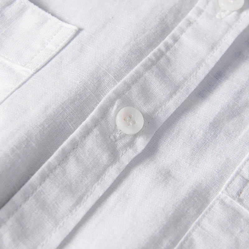Camicia da uomo in cotone e lino a maniche corte con colletto alto, modello Buddha Stones, casual, semplice, con bottoni e tasche anteriori - Image 5