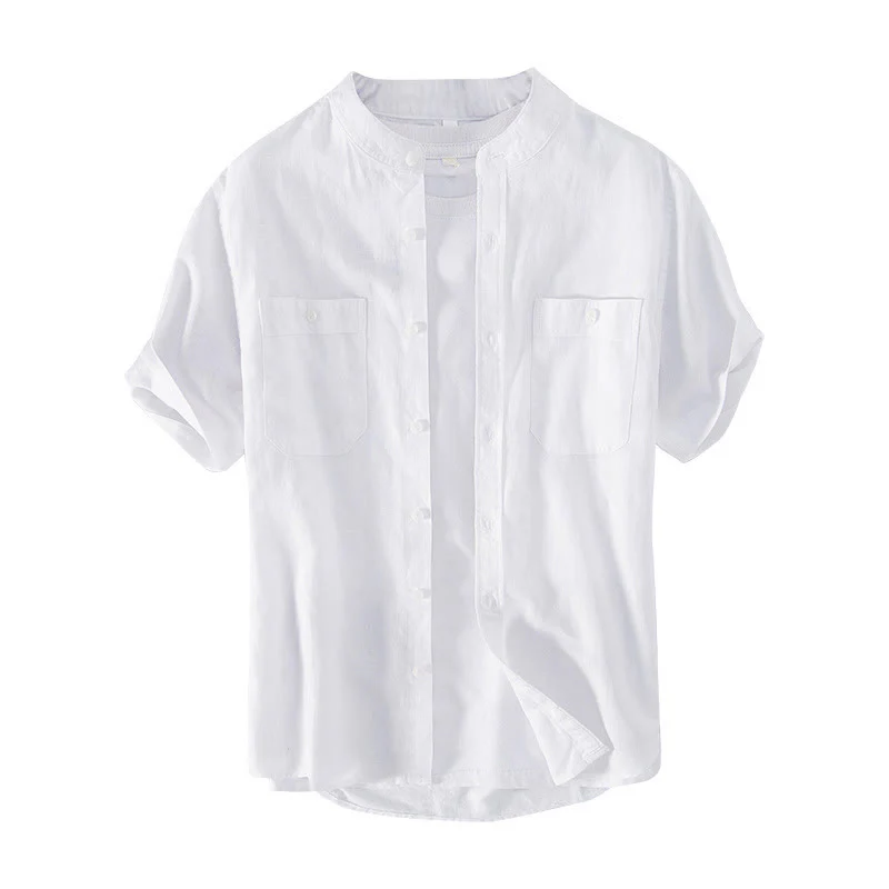 Camicia da uomo in cotone e lino a maniche corte con colletto alto, modello Buddha Stones, casual, semplice, con bottoni e tasche anteriori - Image 8