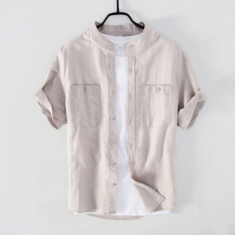 Camicia da uomo in cotone e lino a maniche corte con colletto alto, modello Buddha Stones, casual, semplice, con bottoni e tasche anteriori - Image 9