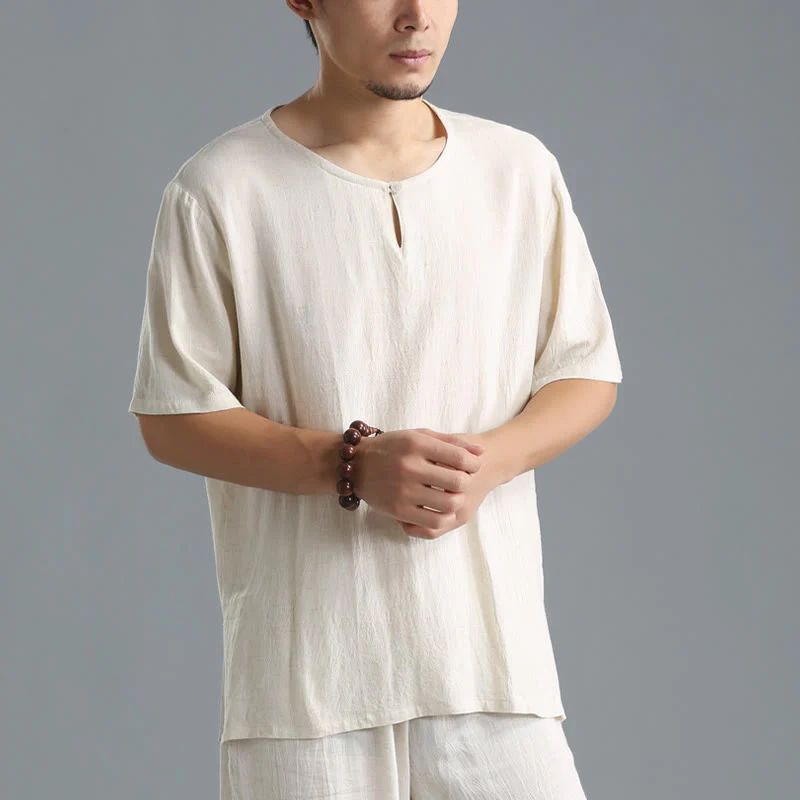 Camicia da uomo in cotone e lino a maniche corte con scollo rotondo tinta unita Buddha Stones - Image 13