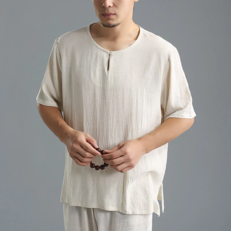 Camicia da uomo in cotone e lino a maniche corte con scollo rotondo tinta unita Buddha Stones - Image 17