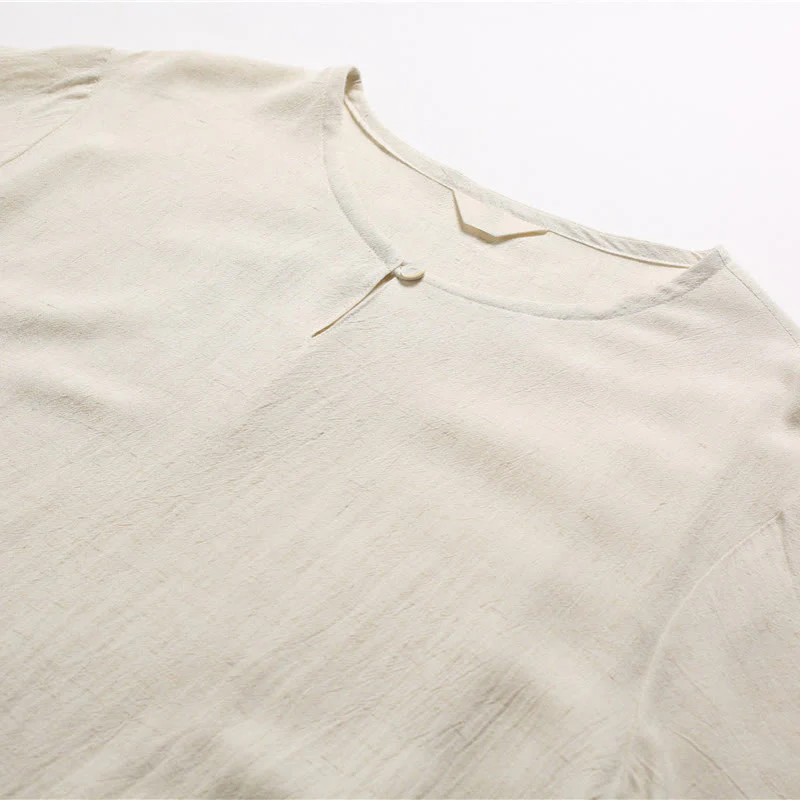 Camicia da uomo in cotone e lino a maniche corte con scollo rotondo tinta unita Buddha Stones - Image 19
