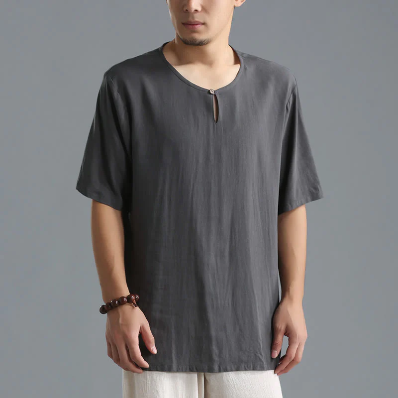 Camicia da uomo in cotone e lino a maniche corte con scollo rotondo tinta unita Buddha Stones - Image 2