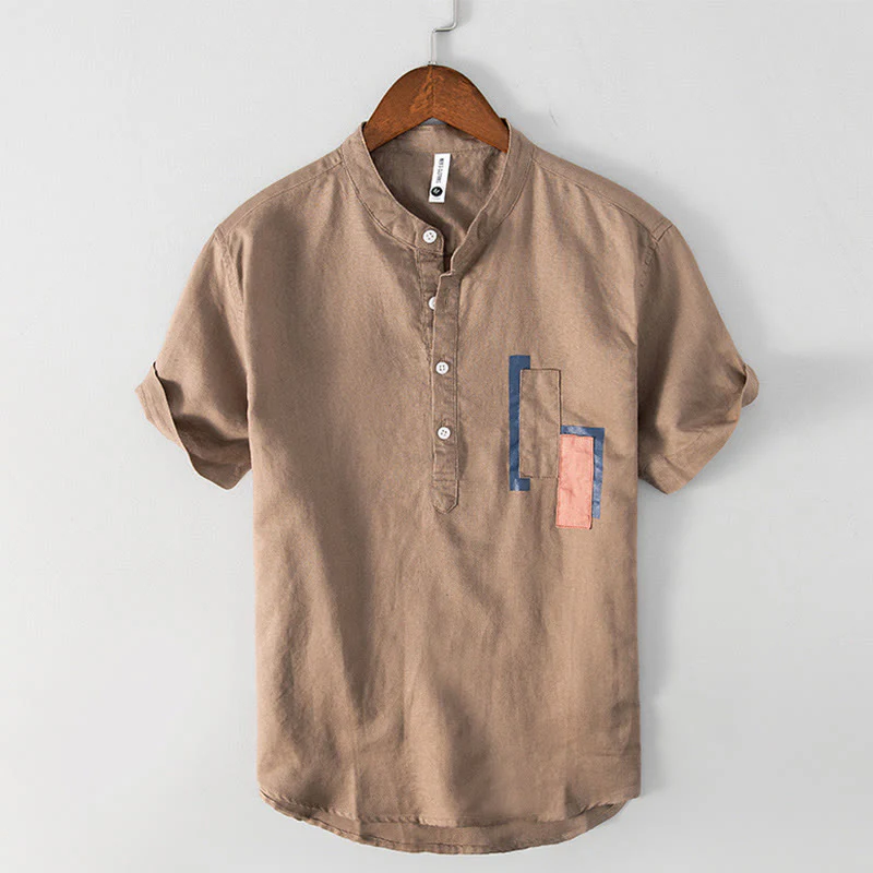Camicia da uomo in cotone e lino a maniche corte con toppa semplice e design abbinato ai colori, motivo Buddha Stones Daily - Image 10
