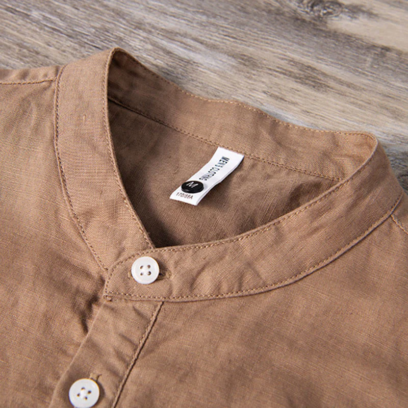 Camicia da uomo in cotone e lino a maniche corte con toppa semplice e design abbinato ai colori, motivo Buddha Stones Daily - Image 11