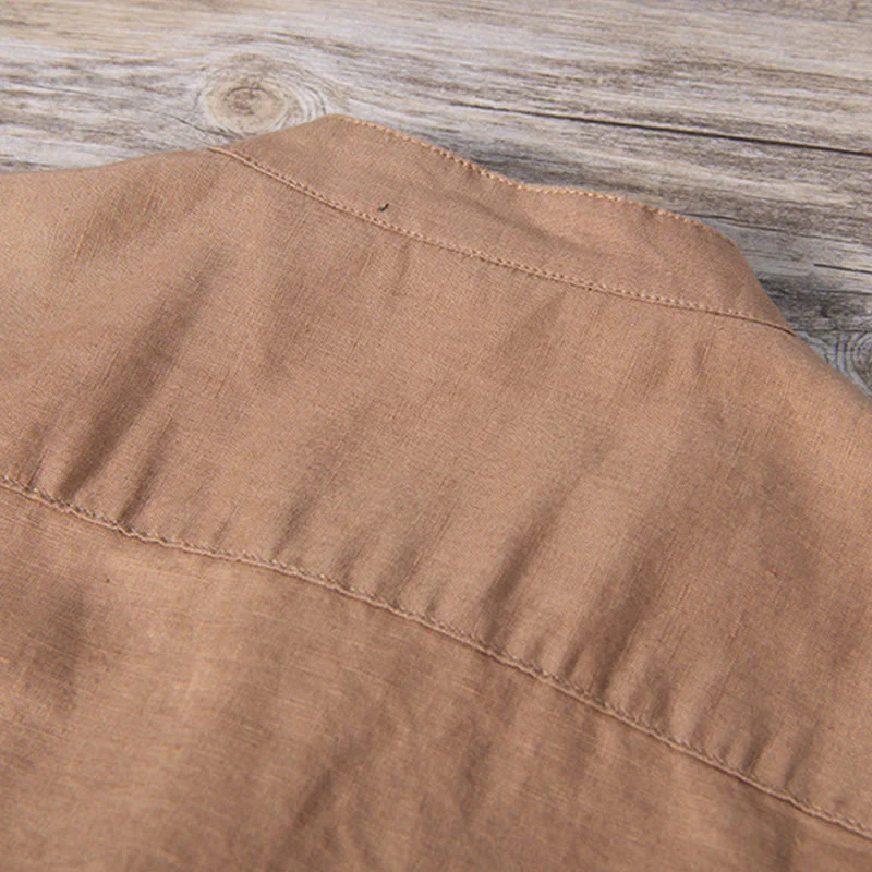 Camicia da uomo in cotone e lino a maniche corte con toppa semplice e design abbinato ai colori, motivo Buddha Stones Daily - Image 12
