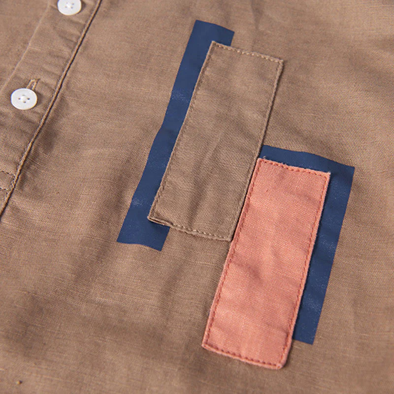 Camicia da uomo in cotone e lino a maniche corte con toppa semplice e design abbinato ai colori, motivo Buddha Stones Daily - Image 13