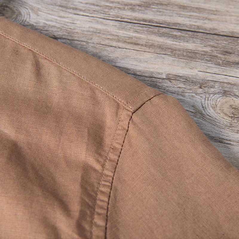 Camicia da uomo in cotone e lino a maniche corte con toppa semplice e design abbinato ai colori, motivo Buddha Stones Daily - Image 15
