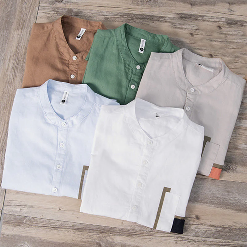 Camicia da uomo in cotone e lino a maniche corte con toppa semplice e design abbinato ai colori, motivo Buddha Stones Daily - Image 18
