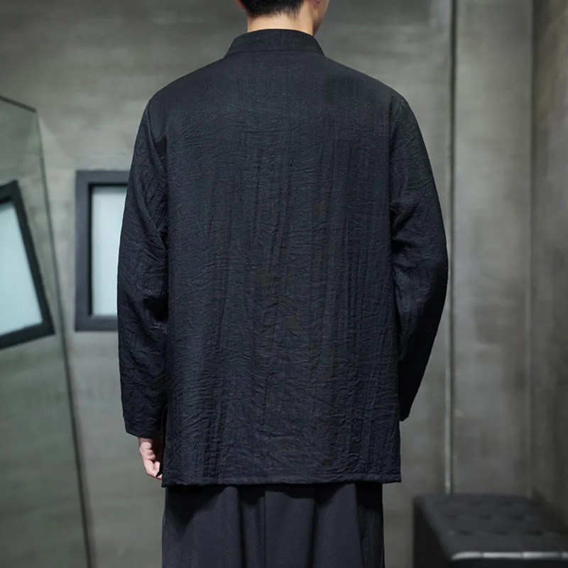 Camicia da uomo in cotone e lino a maniche lunghe con ricamo di foglie di bambù in tinta unita autunnale Buddha Stones - Image 20