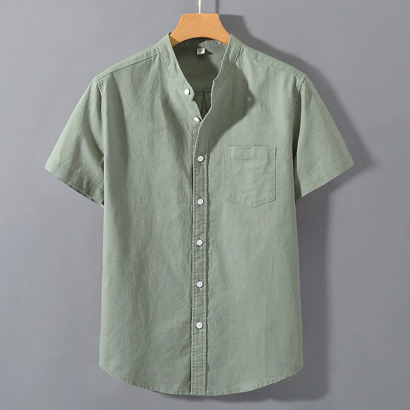 Camicia da uomo in cotone e lino con bottoni a maniche corte, estiva , Buddha Stones