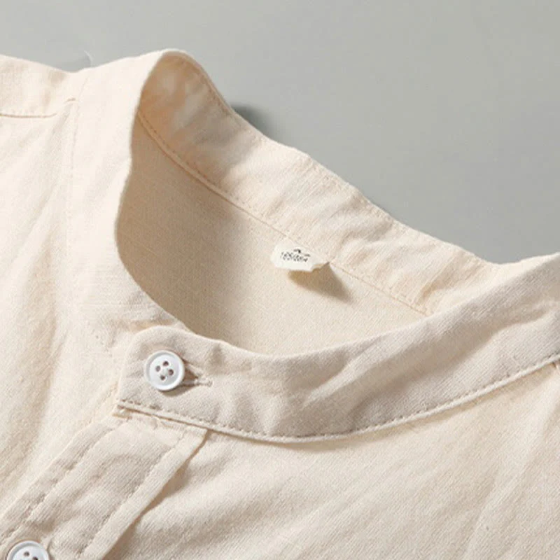 Camicia da uomo in cotone e lino con bottoni a maniche corte, estiva , Buddha Stones - Image 8
