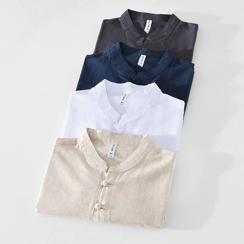 Camicia da uomo in cotone e lino con bottoni a mezza manica, modello Buddha Stones, morbida e semplice, con scollo a giro e bottoni a rana - Image 22