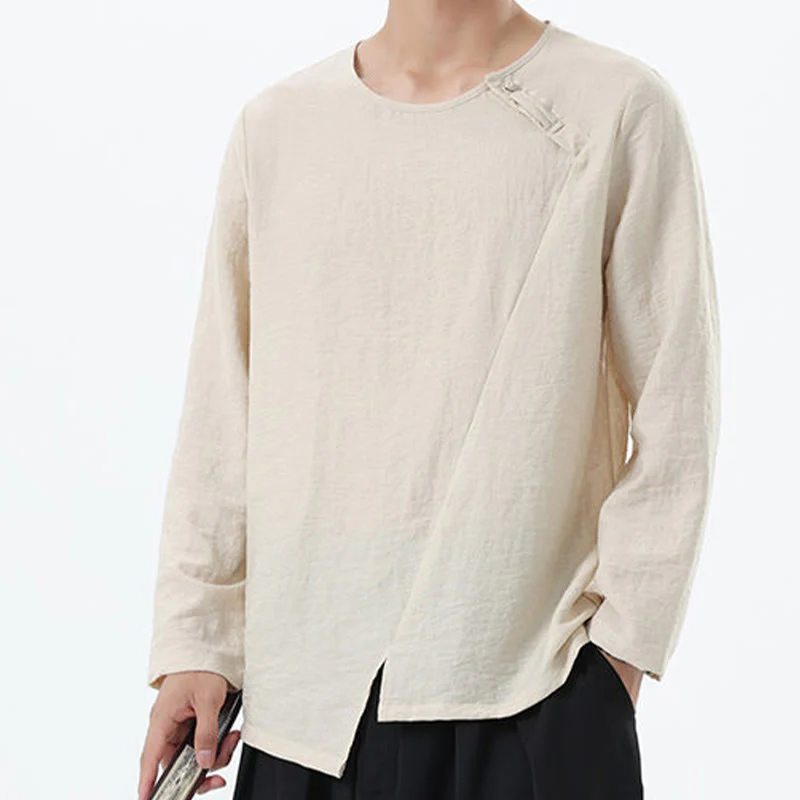 Camicia da uomo in cotone e lino con colletto rotondo e maniche lunghe Buddha Stones - Image 18