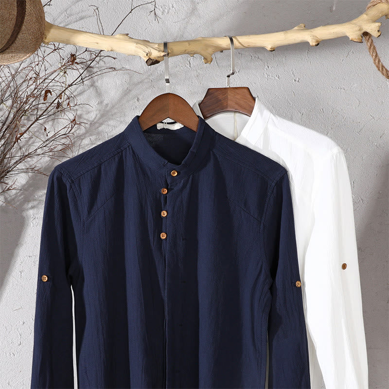 Camicia da uomo in cotone e lino con collo alto, vestibilità slim, maniche lunghe e girocollo, modello Buddha Stones - Image 15