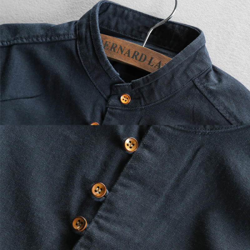 Camicia da uomo in cotone e lino con collo alto, vestibilità slim, maniche lunghe e girocollo, modello Buddha Stones - Image 2