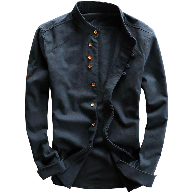 Camicia da uomo in cotone e lino con collo alto, vestibilità slim, maniche lunghe e girocollo, modello Buddha Stones - Image 3