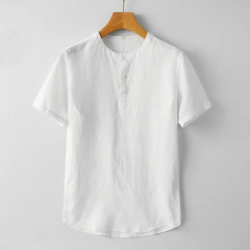 Camicia da uomo in cotone e lino con due bottoni in alto, a maniche corte, tinta unita, Buddha Stones - Image 3